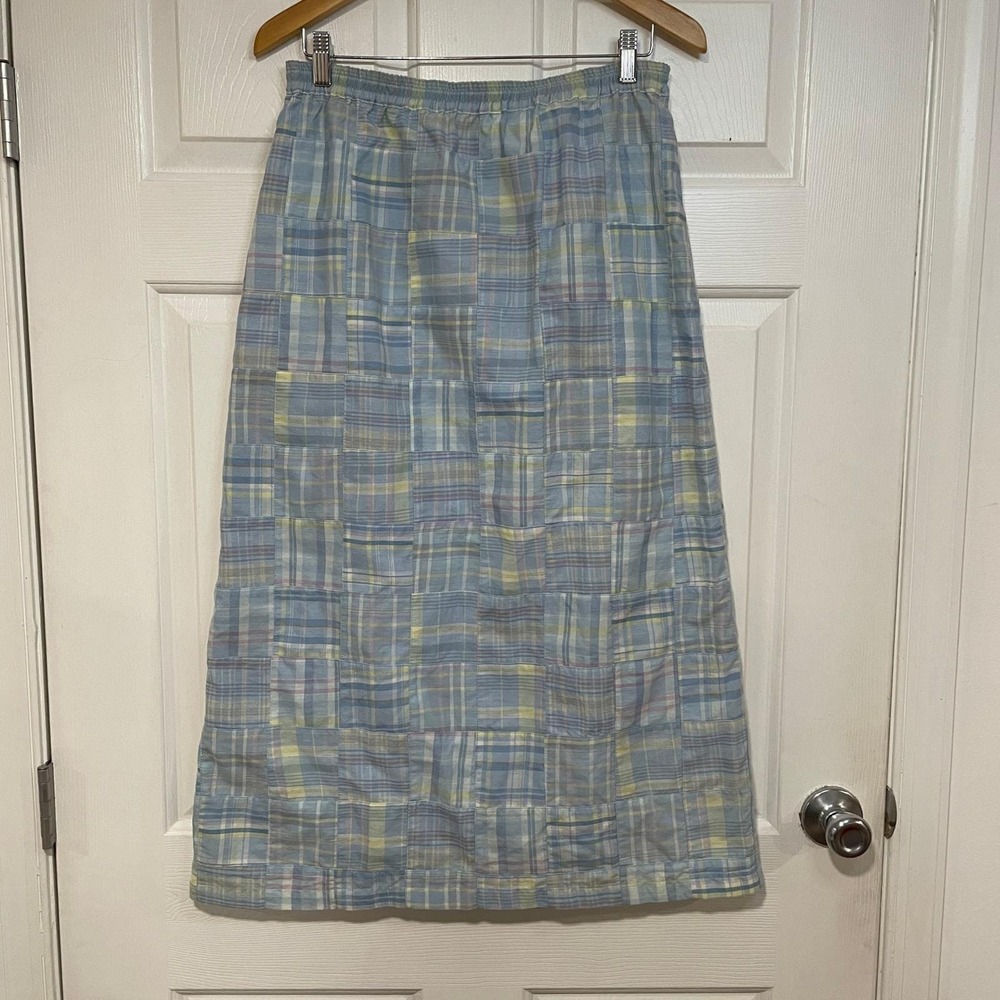 Vintage 80s 90s Blair Cotton Plaid Patchwork S Blue‎ Yellow Maxi Straight Skirt